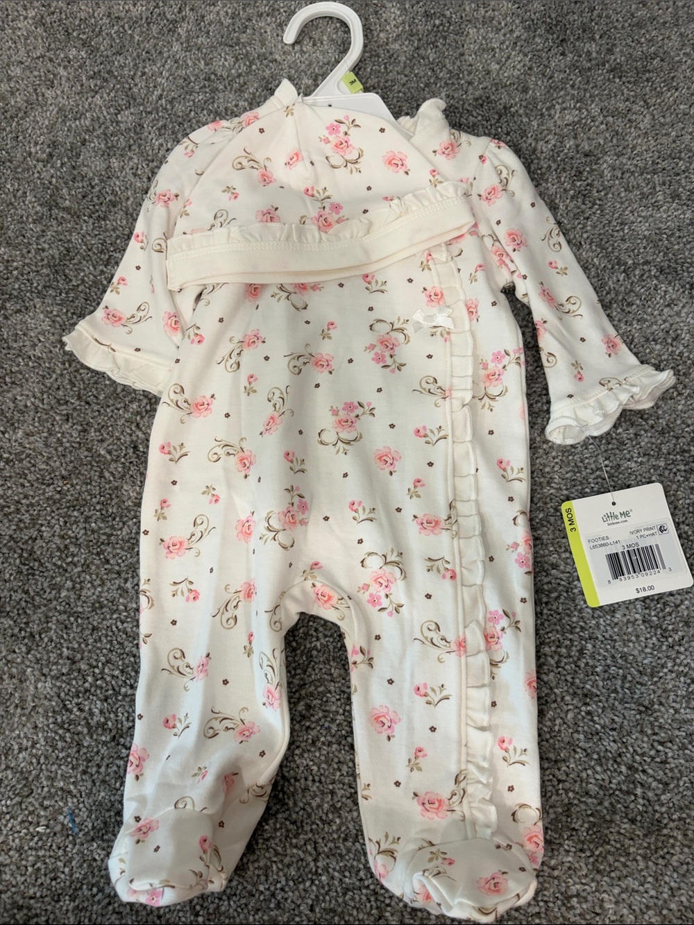 Little Me Cream Floral Footed Pajamas with Pink Roses
